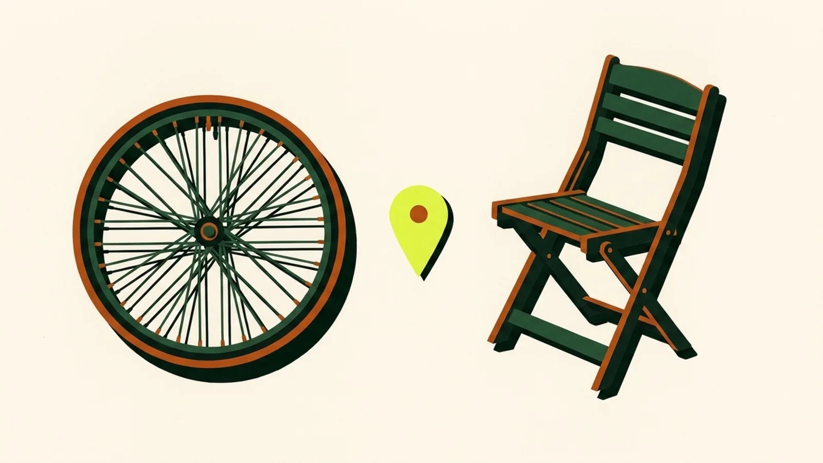 A cut-paper illustration seen from above: a single bicycle wheel lying flat, a folded wooden chair, and a teardrop map pin resting on the paper between them.